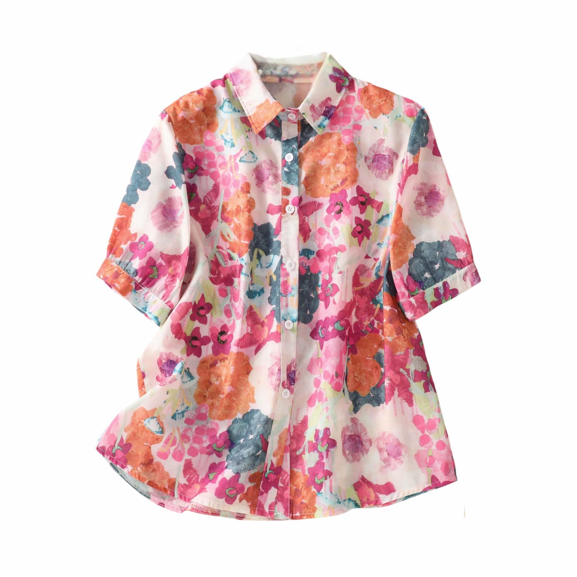 Gufrina Women Pink Multicolor Floral Print Button-Down Shirt With Elbow Sleeves And Collar Neck In Soft Breathable Fabric Ideal 