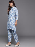 Varanga Women Blue Floral Printed High- Low Kurta With Bottom