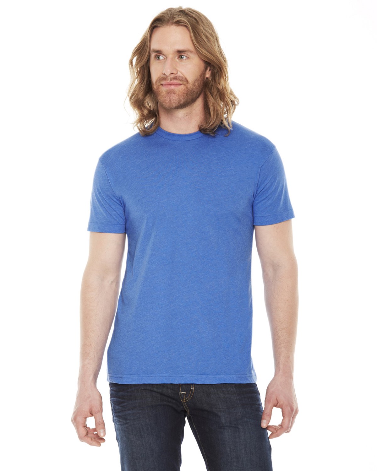 American Apparel Poly-Cotton Short Sleeve Crew Neck, Heather Lake Blue, Small