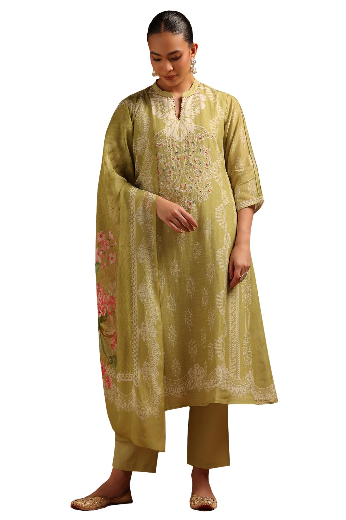 Soch Women Linen Ethnic Motifs Suit Set with Mirror Work
