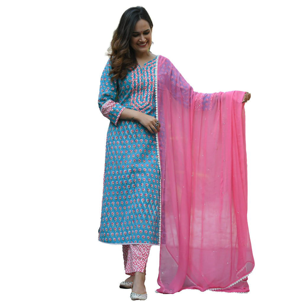 Anni Designer WomenS Pure Cotton Straight Kurta With Palazzos & Dupatta (Bp Cotton New_S_Blue_Small)