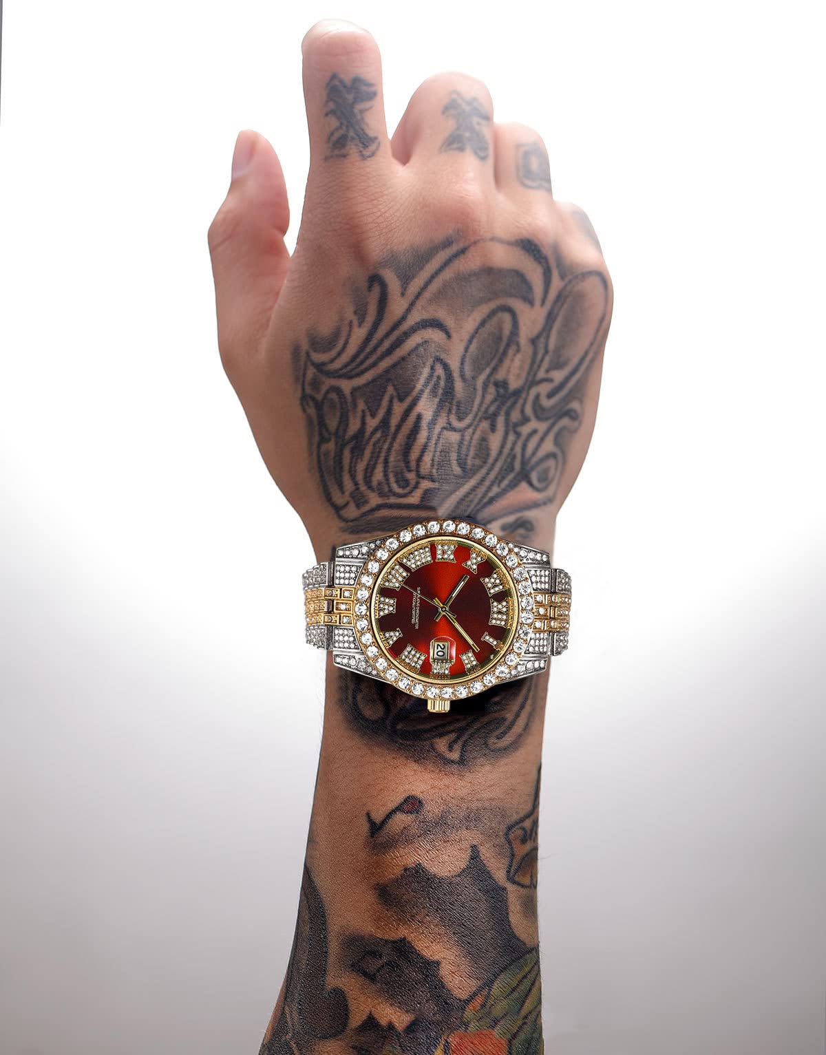 HUNRUY Hip Hop Watches for Men Iced-Out Bling Diamond Luxury Quartz Watches with Date (40mm Red)