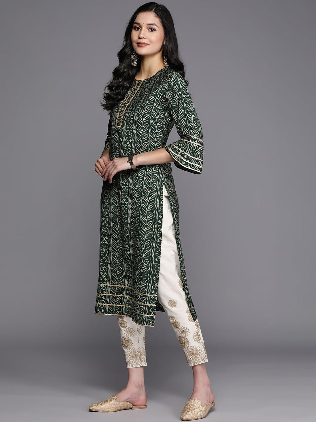 Libas WomenS Silk Printed Straight Kurta (26264_Green