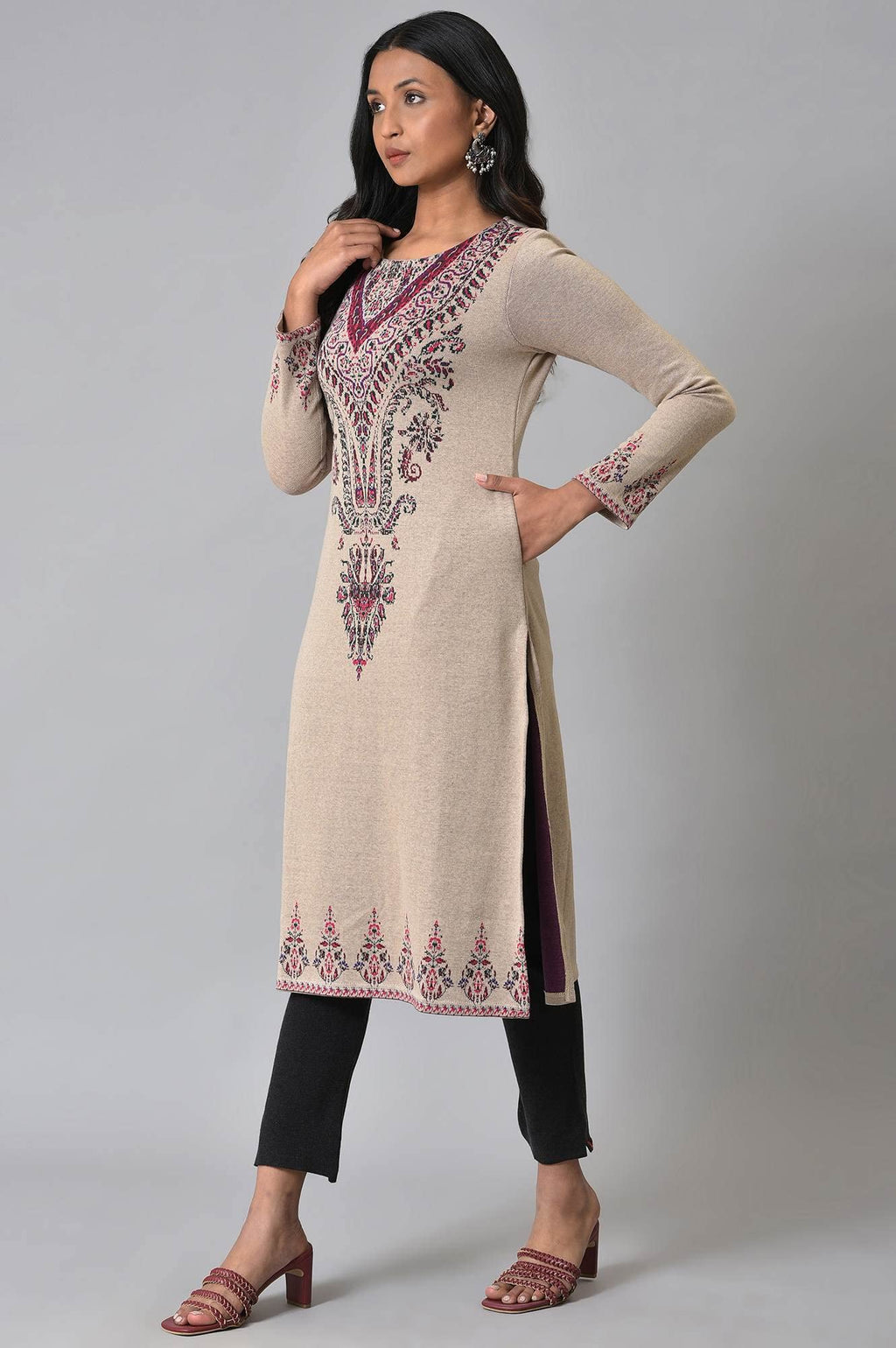W For Woman Plus Size Ecru Placement Printed Jacquard Winter Kurta
