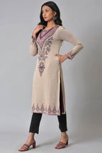 W For Woman Plus Size Ecru Placement Printed Jacquard Winter Kurta