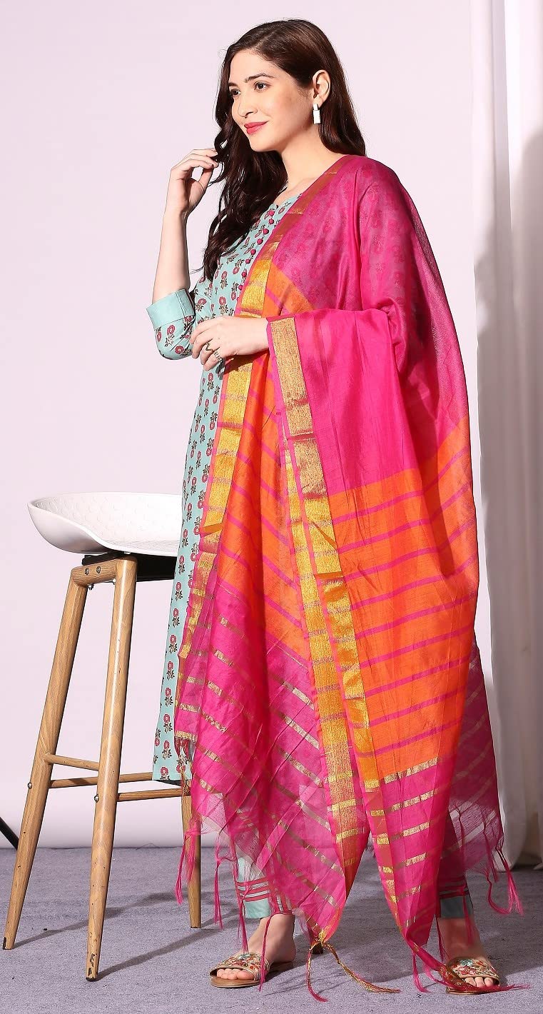 ANNI DESIGNER Womens Cotton Straight Kurta with Pant & Dupatta (KPTD-COT-10004-LIGHT GREEN_M_Light Green_Medium)