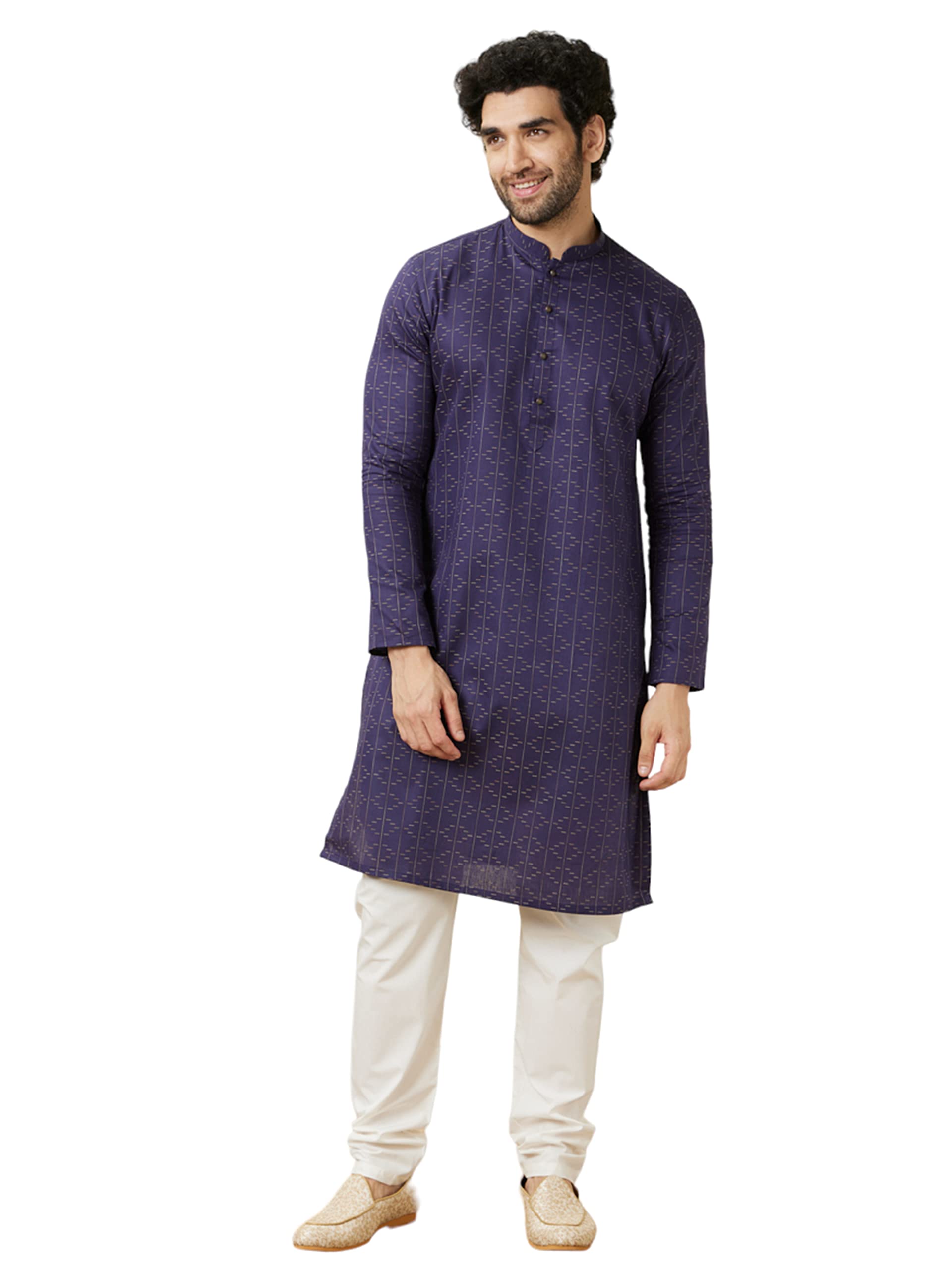 Manyavar Mens Cotton Self Design Full Sleeves Knee Length Kurta (Blue, XL)