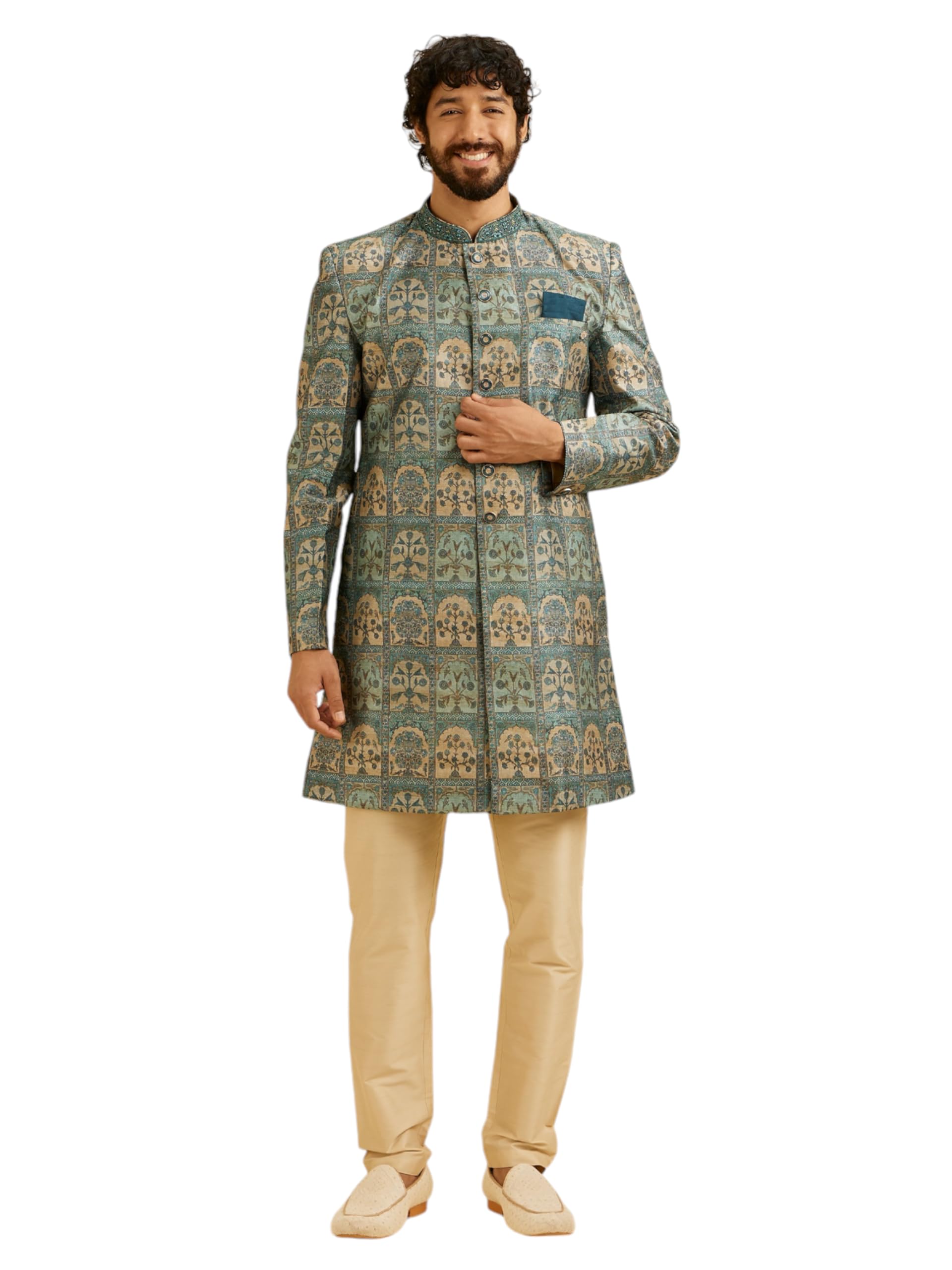 Manyavar Mens Art Silk Ethnic Motifs Printed Kurta Set (Green,XL)