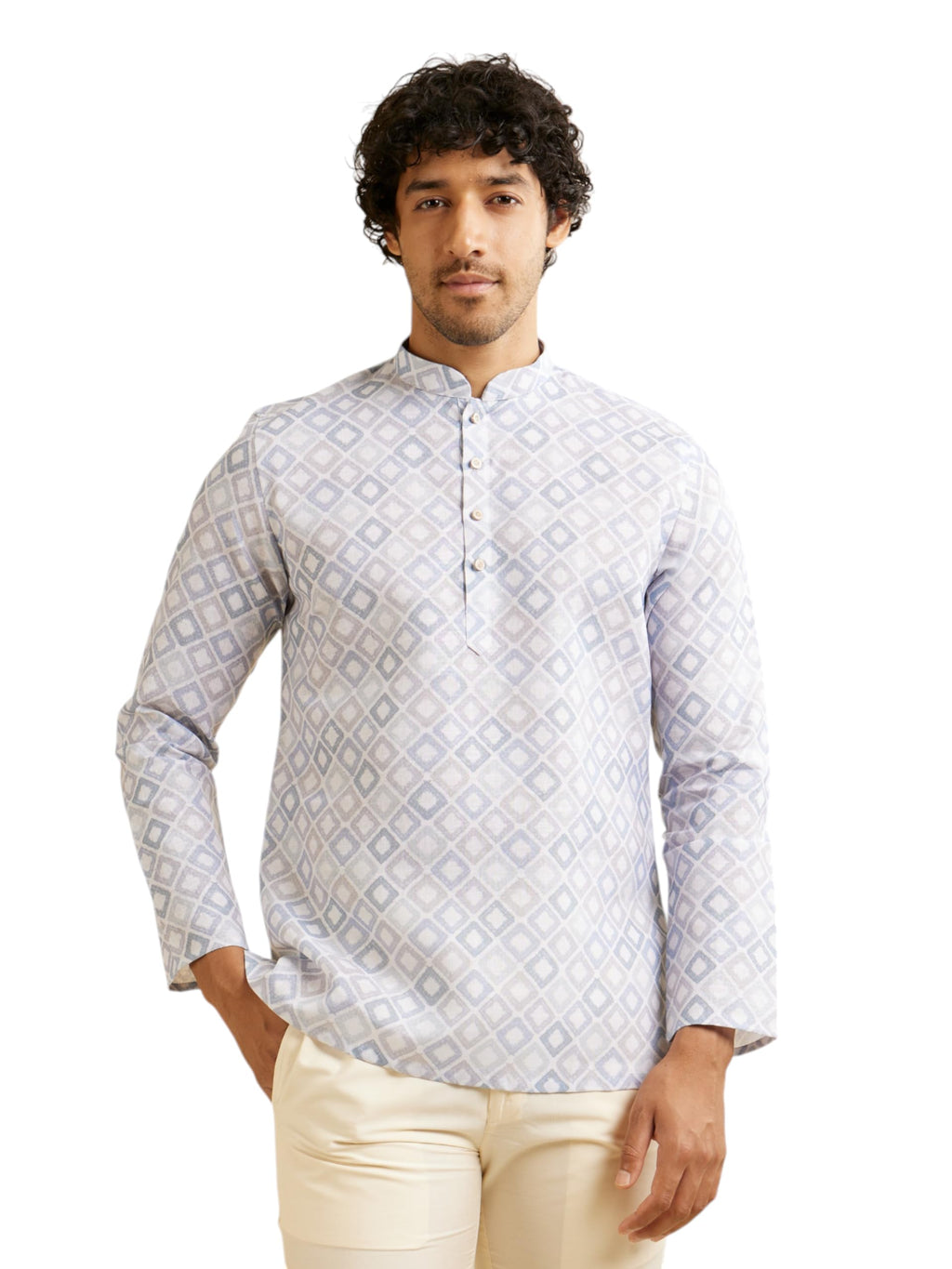 Manyavar MenS Cotton Blend Grid Patterned Short Kurta (Light Grey,Xxxl)