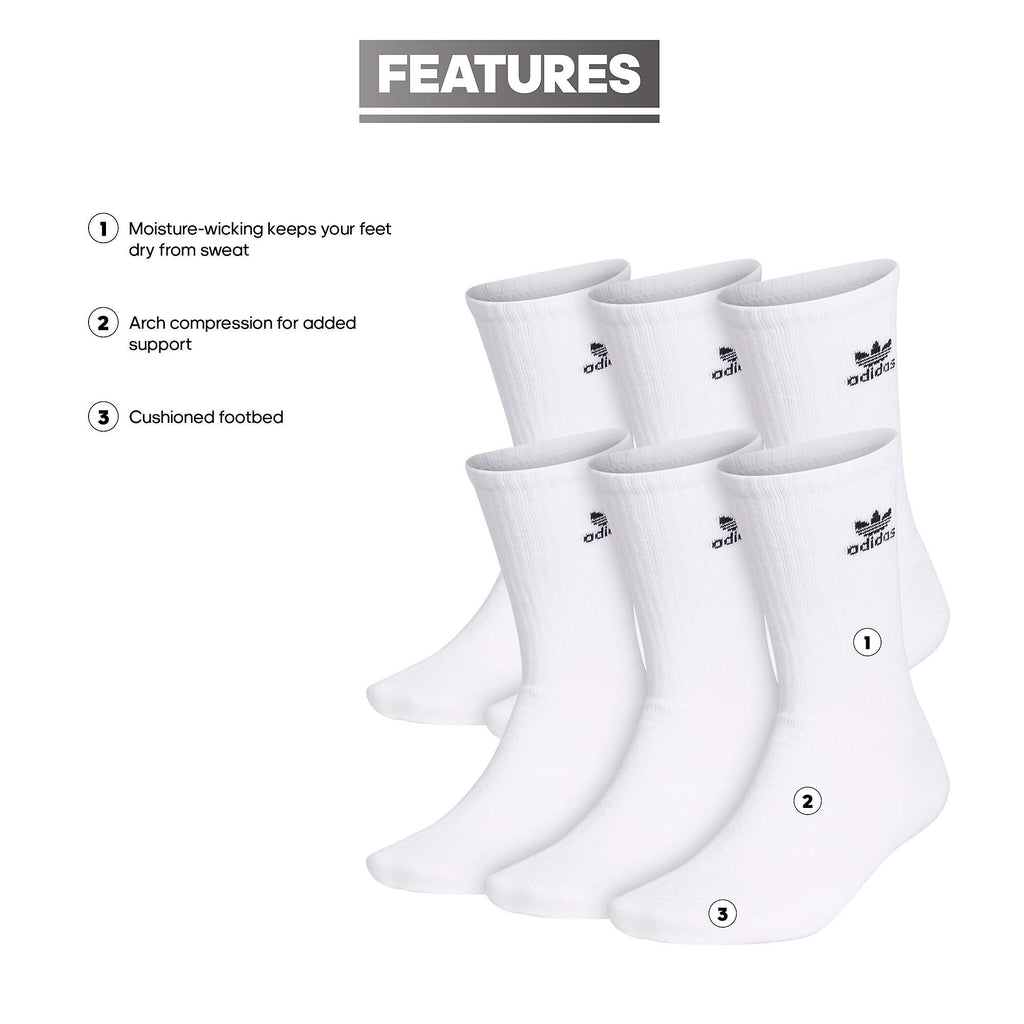 adidas Originals Trefoil (6-Pair) Crew Sock, White, Large