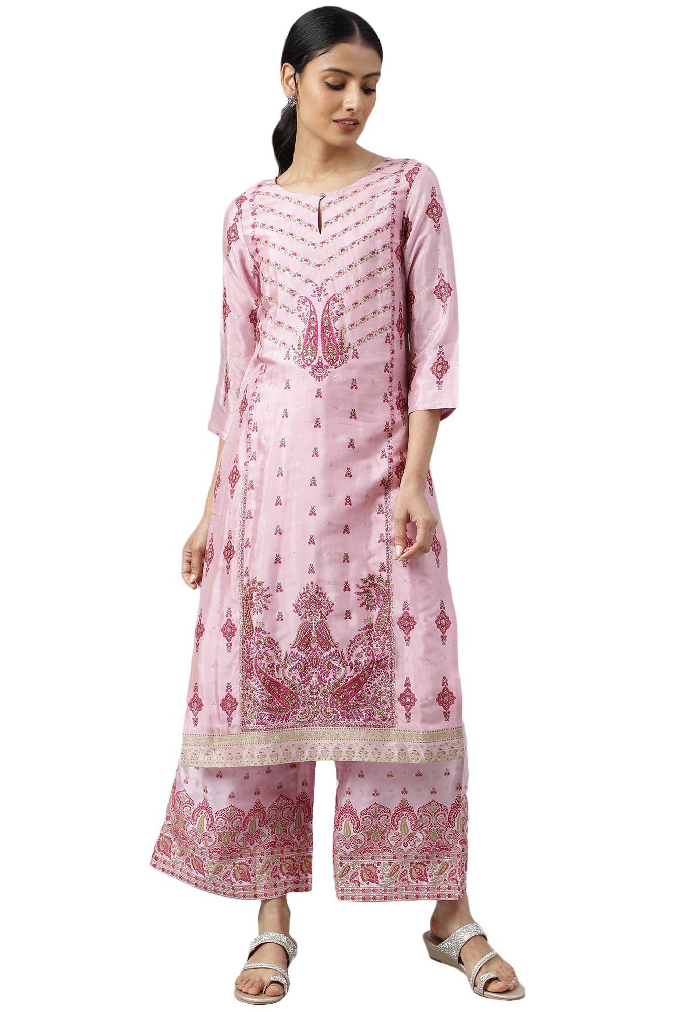 W Light Pink Paisley Printed Glitter Regular Kurta For Women