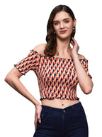 Miss Chase Womens Half Sleeve Geometric Patterned Off Shoulder Smocked Crepe Crop Top (MCSS23TP14-26-301-05, Orange and Navy, L