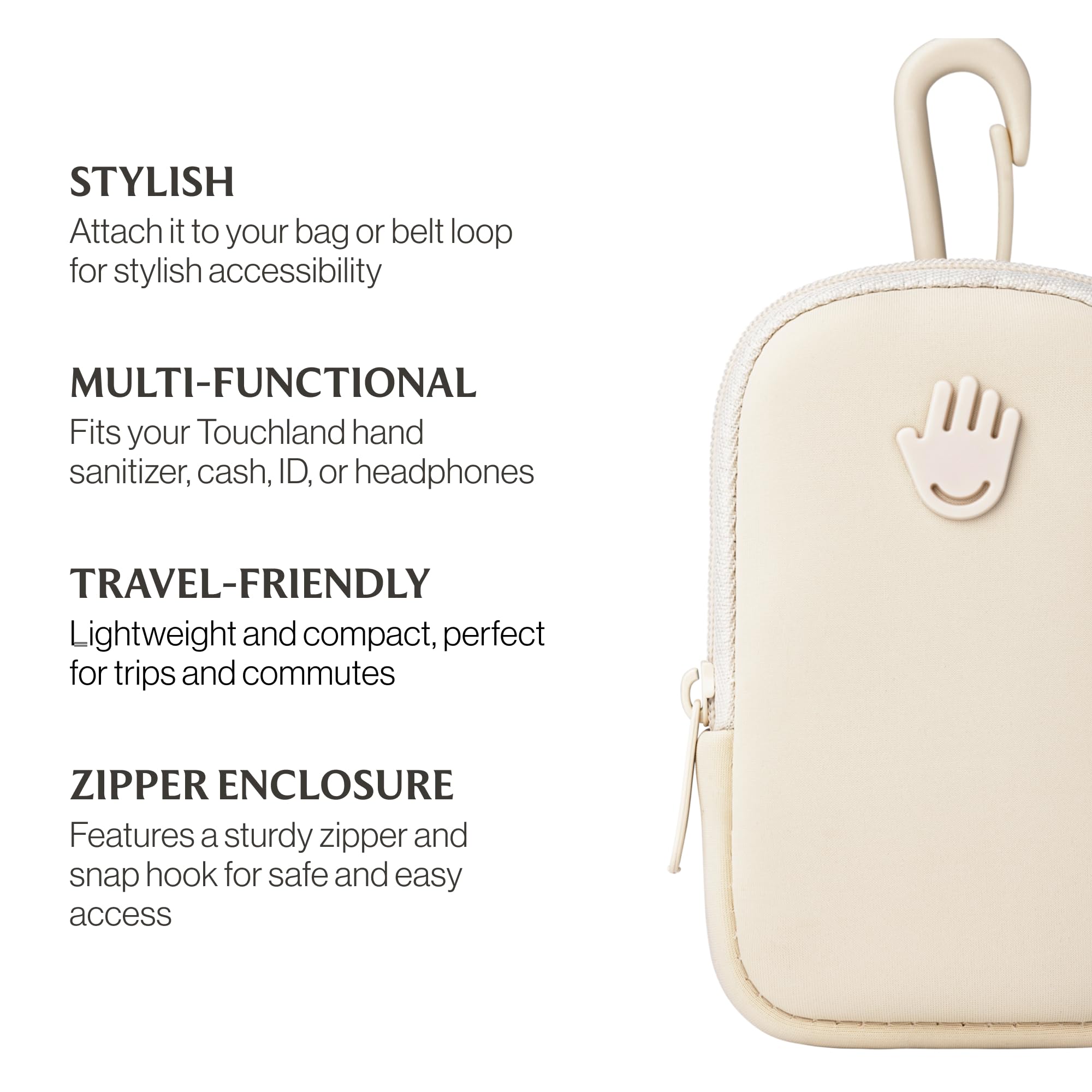Touchland Touchette Zippered Pouch, Attachable Fashion Accessory with Snap Hook for Power Mist and Glow Mist 1FL OZ, Caramel