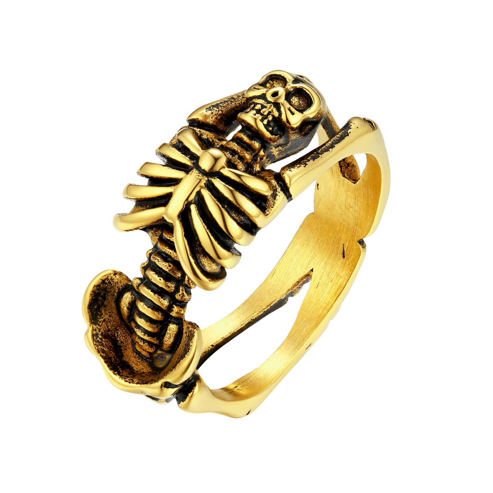 U7 Skeleton Rings 18k Gold Plated Halloween Costume Jewelry Gothic Punk Skull Ring Biker Size 8