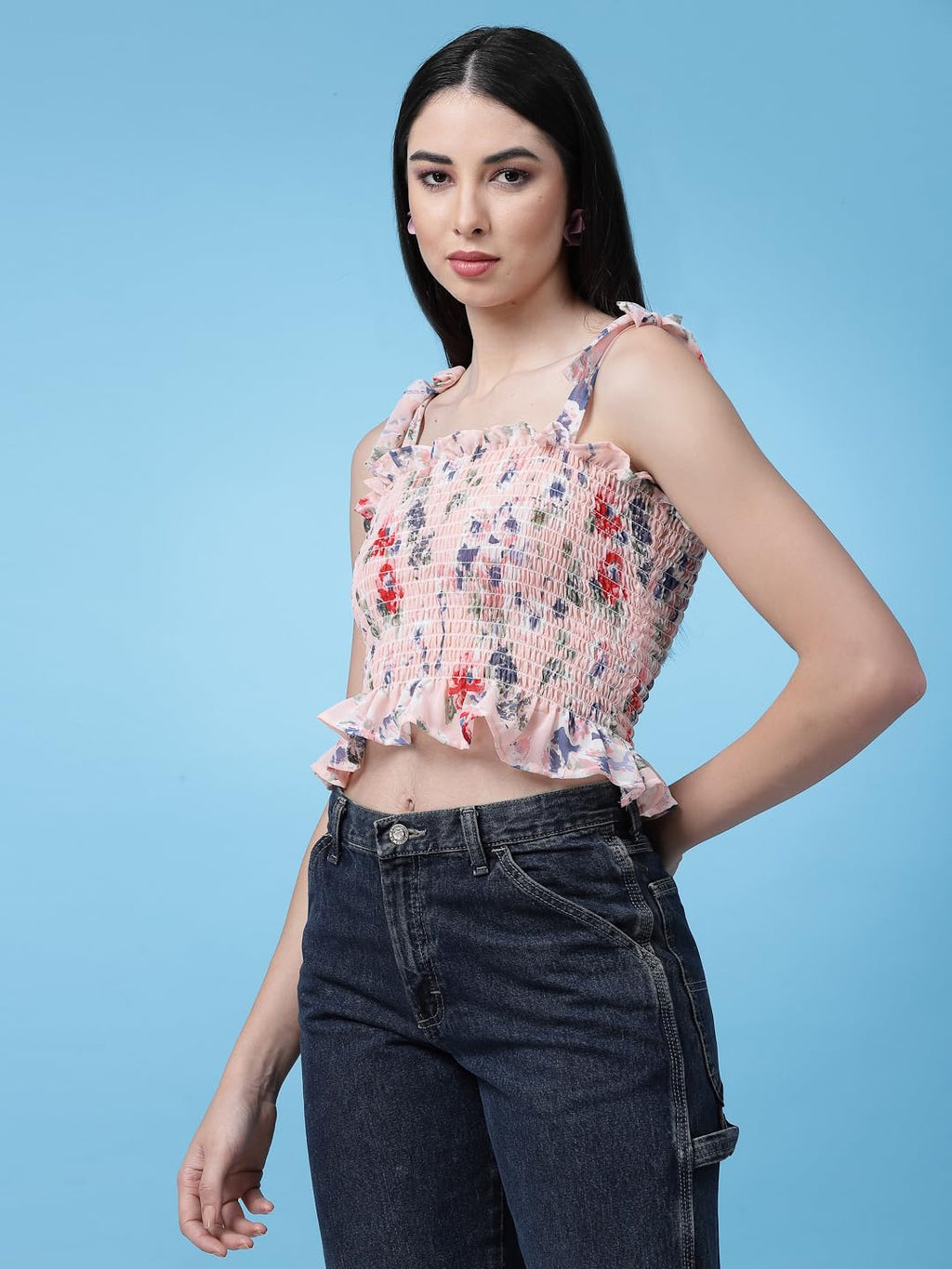 OOMPH! Sleeveless Floral Crop Tops for Women Western, Orange - mt606