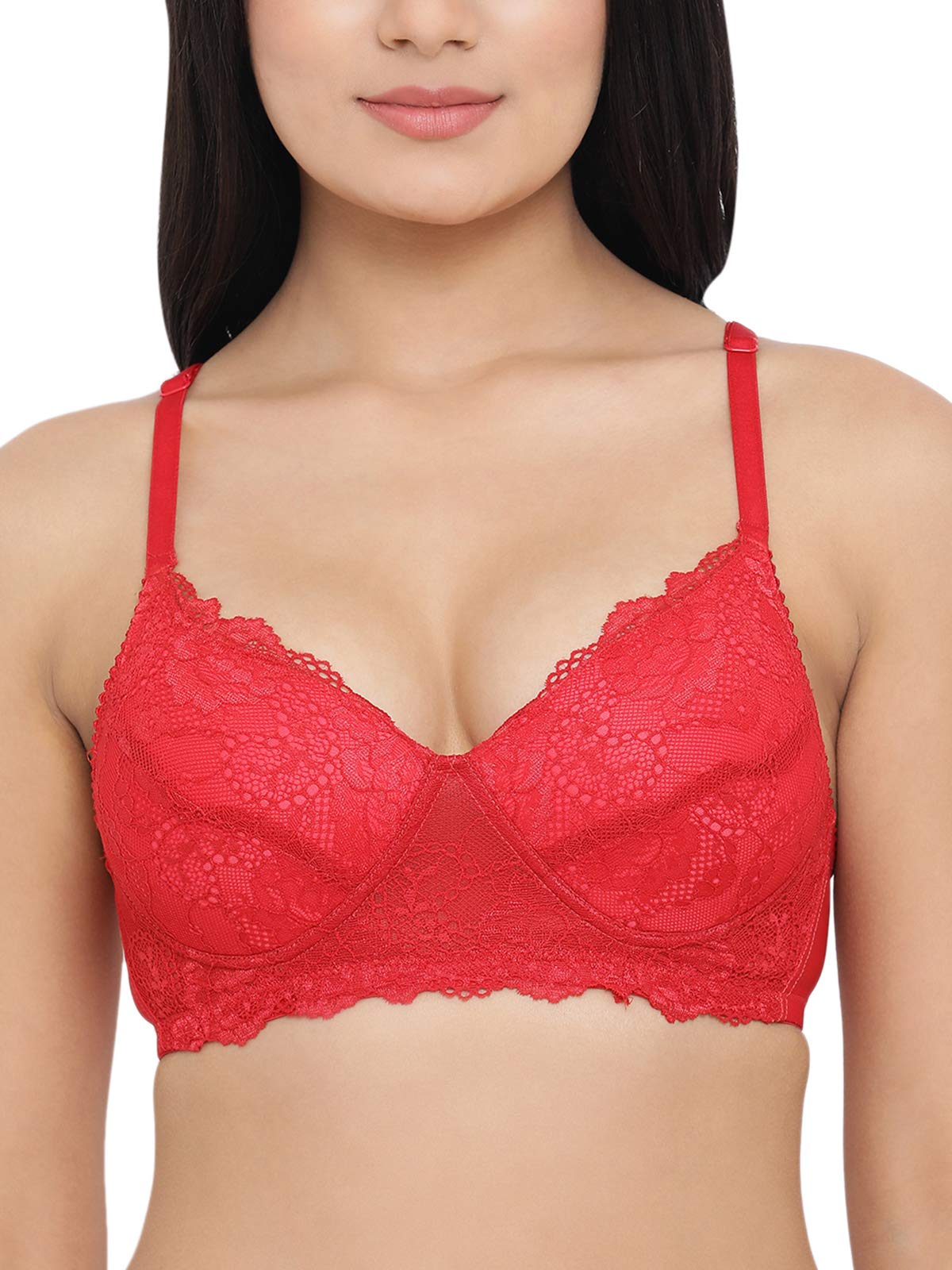 Clovia Womens Lace Solid Lightly Padded Full Cup Wire Free Bridal Bra (BR2001P04_Dark Red_40B)