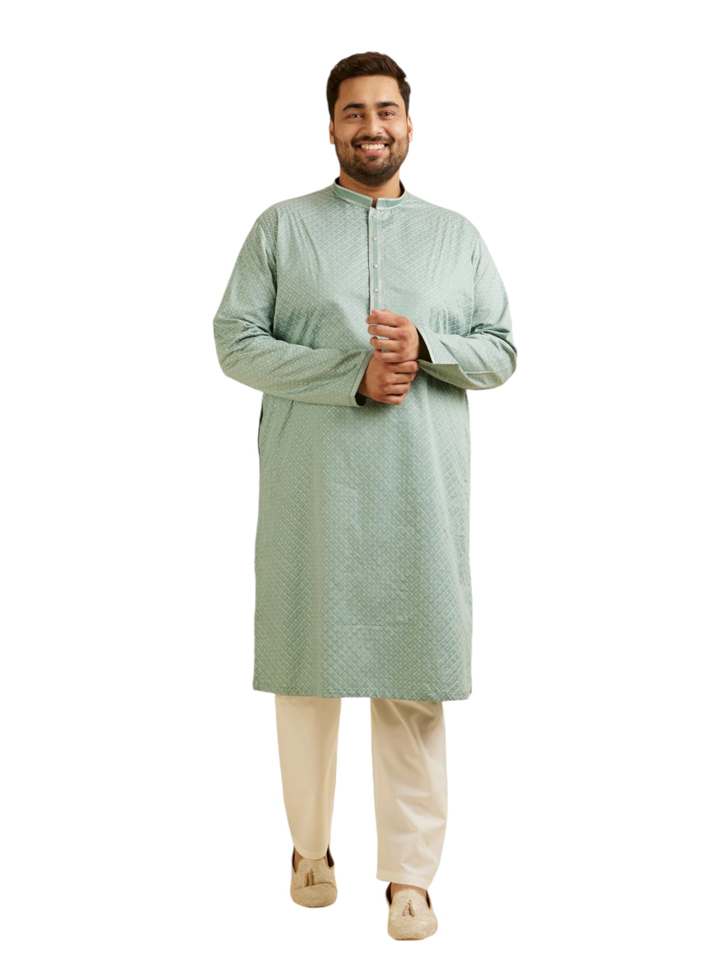 Manyavar Mens Cotton Self-Design Kurta Pyjama Set (Green,03XL)