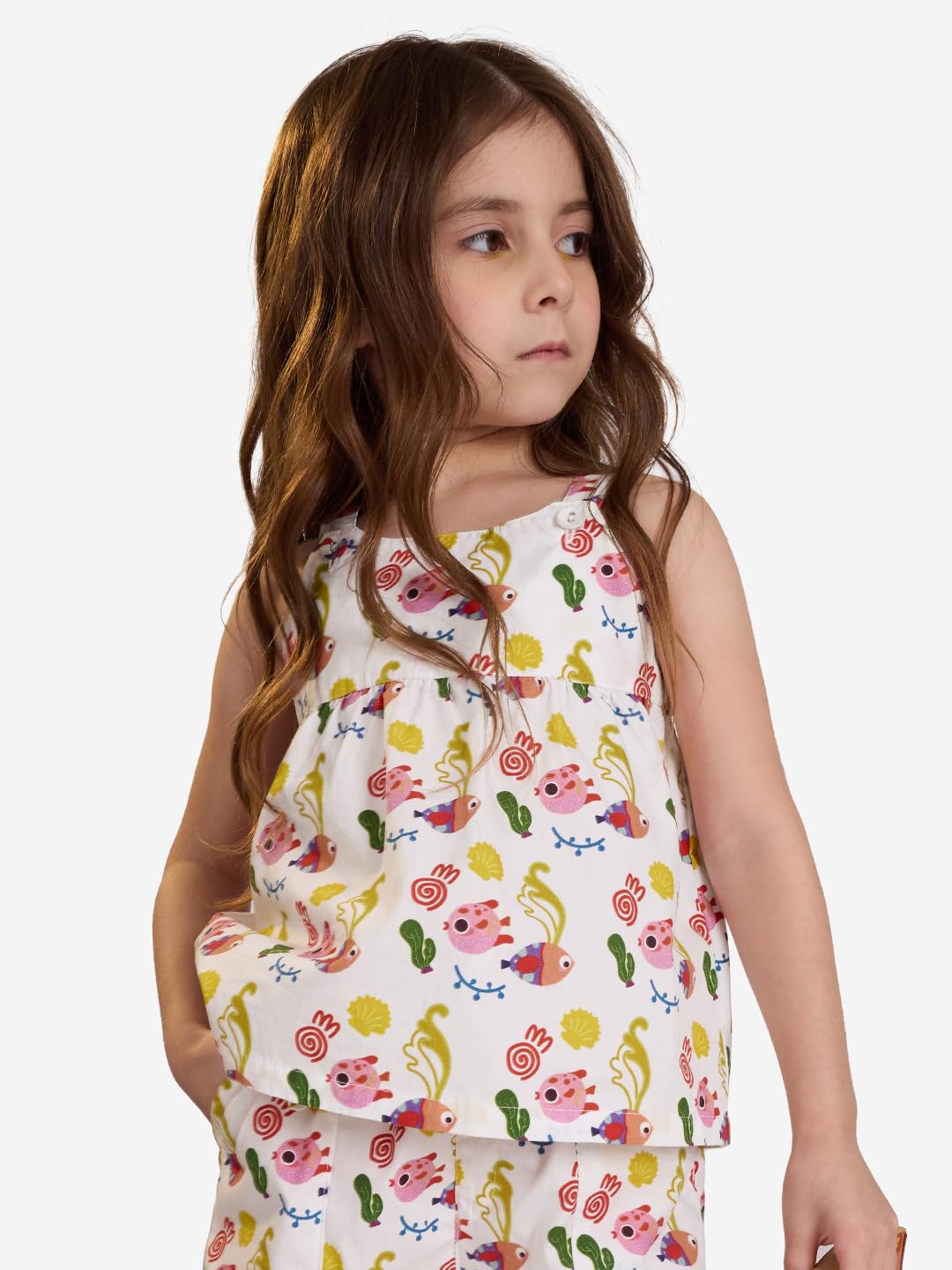 The Souled Store Little Fishy Girls Round Neck Sleeveless White All Over Printed Cotton Tops