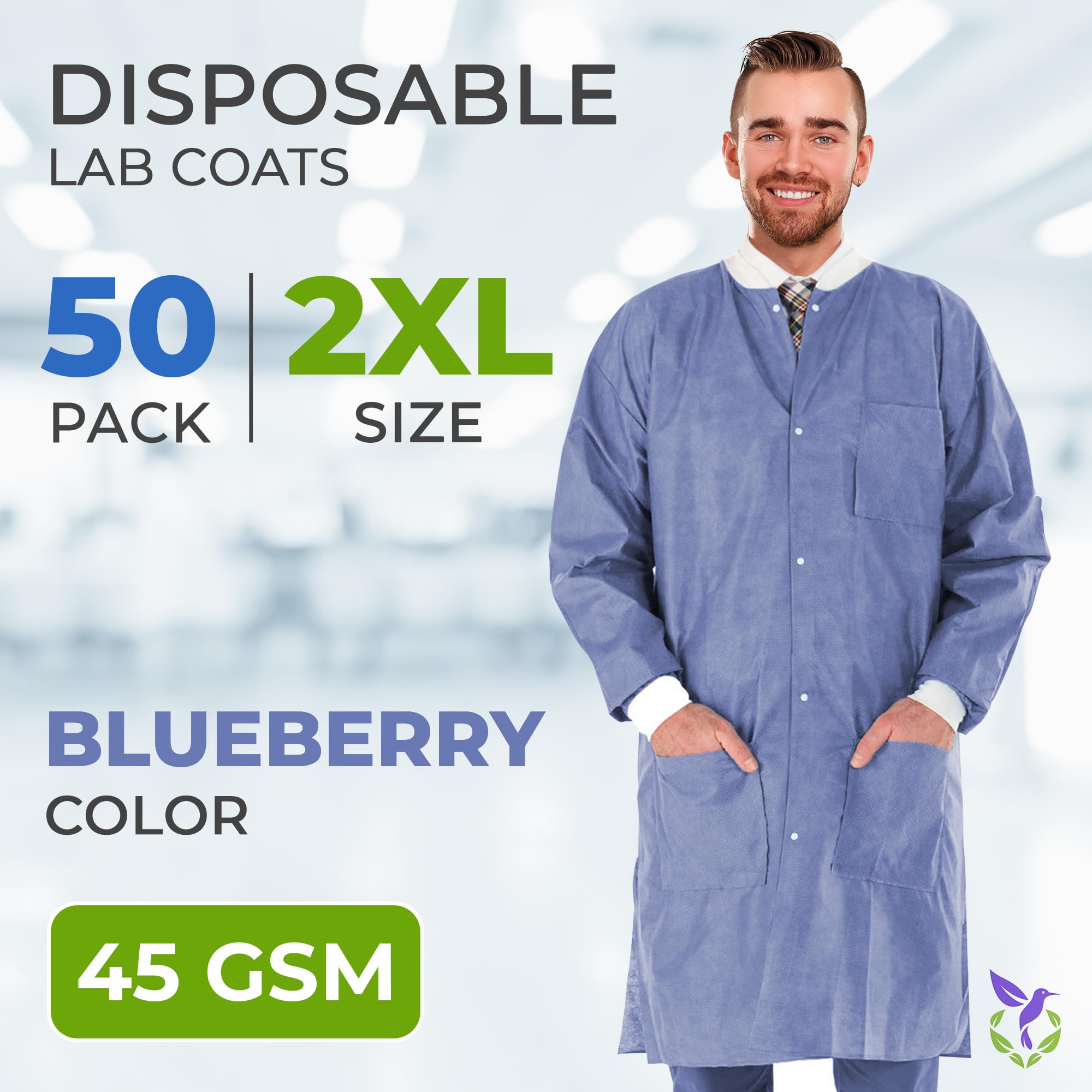 AMZ Medical Supply Disposable Lab coat XX-Large, Pack of 50 Blueberry Disposable Lab coats for Adults, 45 gsm SMS Painting Lab c