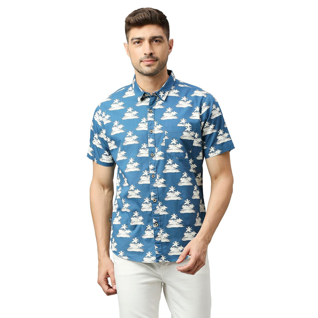 Thomas Scott Mens Printed Slim Fit 100% Cotton Casual Shirt with Spread Collar and Half Sleeve
