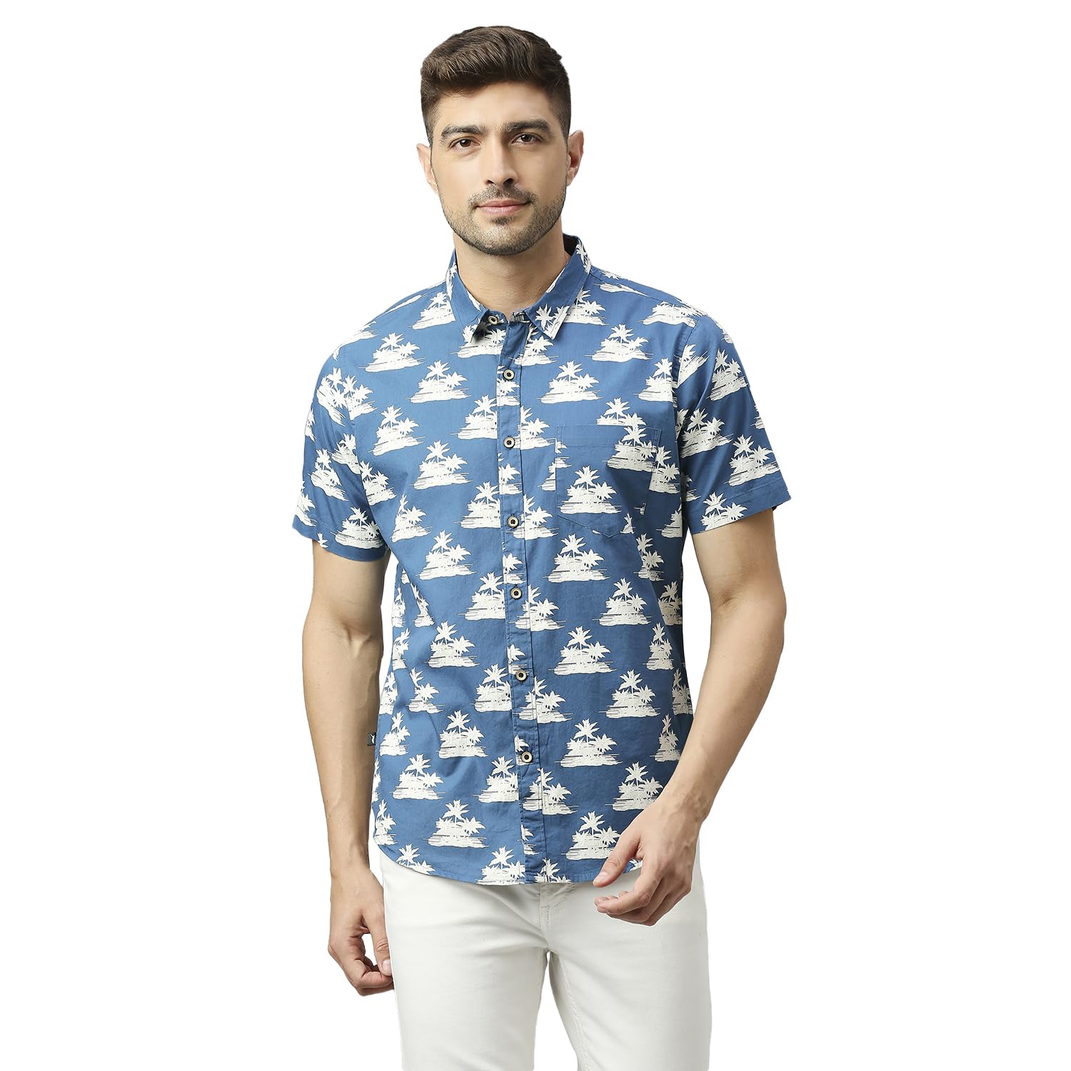 Thomas Scott Mens Printed Slim Fit 100% Cotton Casual Shirt with Spread Collar and Half Sleeve