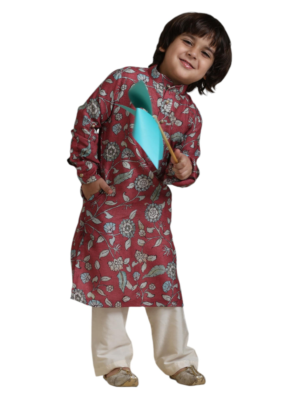 Manyavar Boys Viscose Blend Floral Printed Kurta Pyjama Set (Mid Blue,2-3Y)