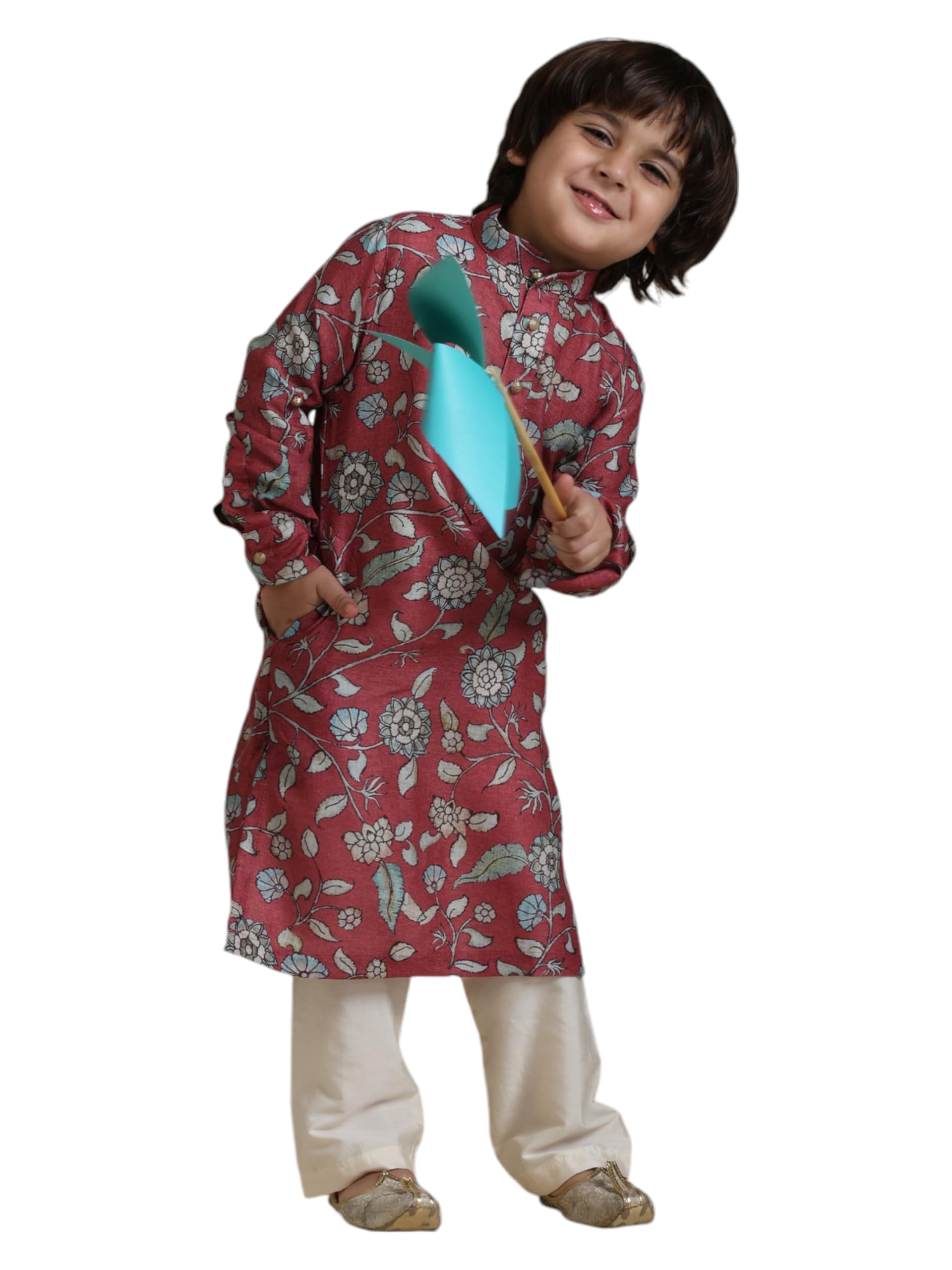 Manyavar Boys Viscose Blend Floral Printed Kurta Pyjama Set (Mid Blue,2-3Y)
