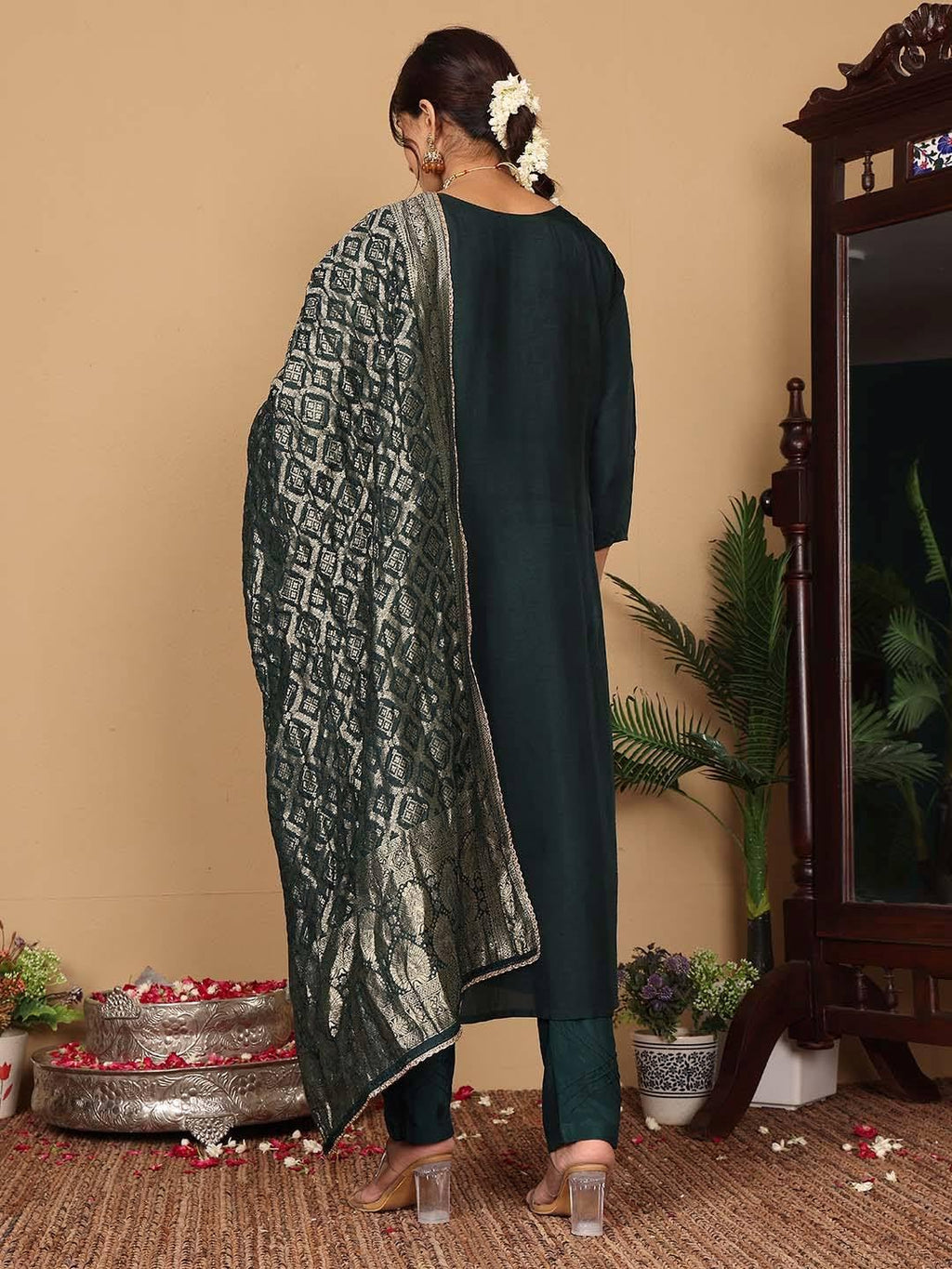 Varanga Women Pure Silk Teal Han Mbroidered Kurta With Bottom And Dupatta