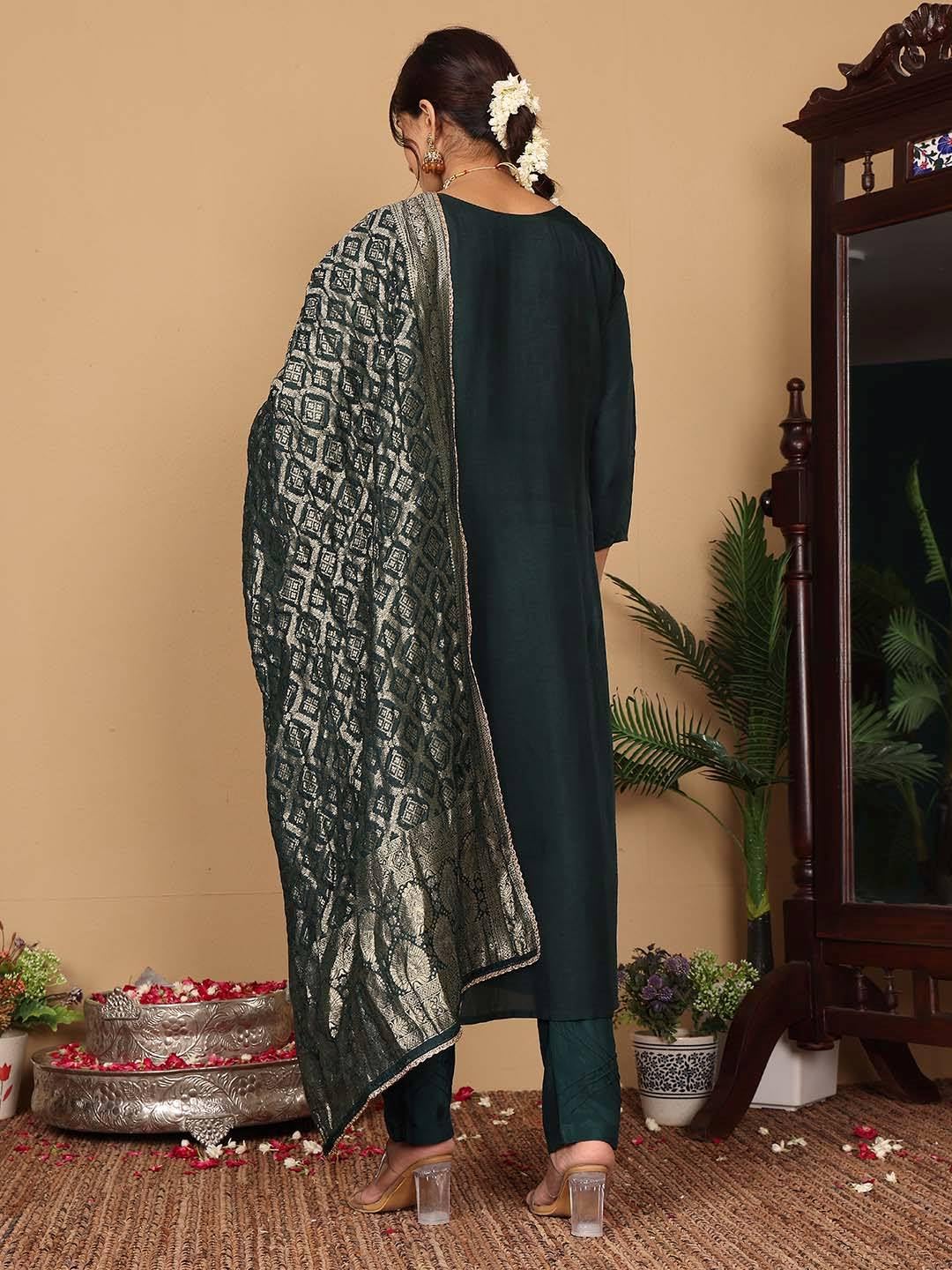 Varanga Women Pure Silk Teal Han Mbroidered Kurta With Bottom And Dupatta