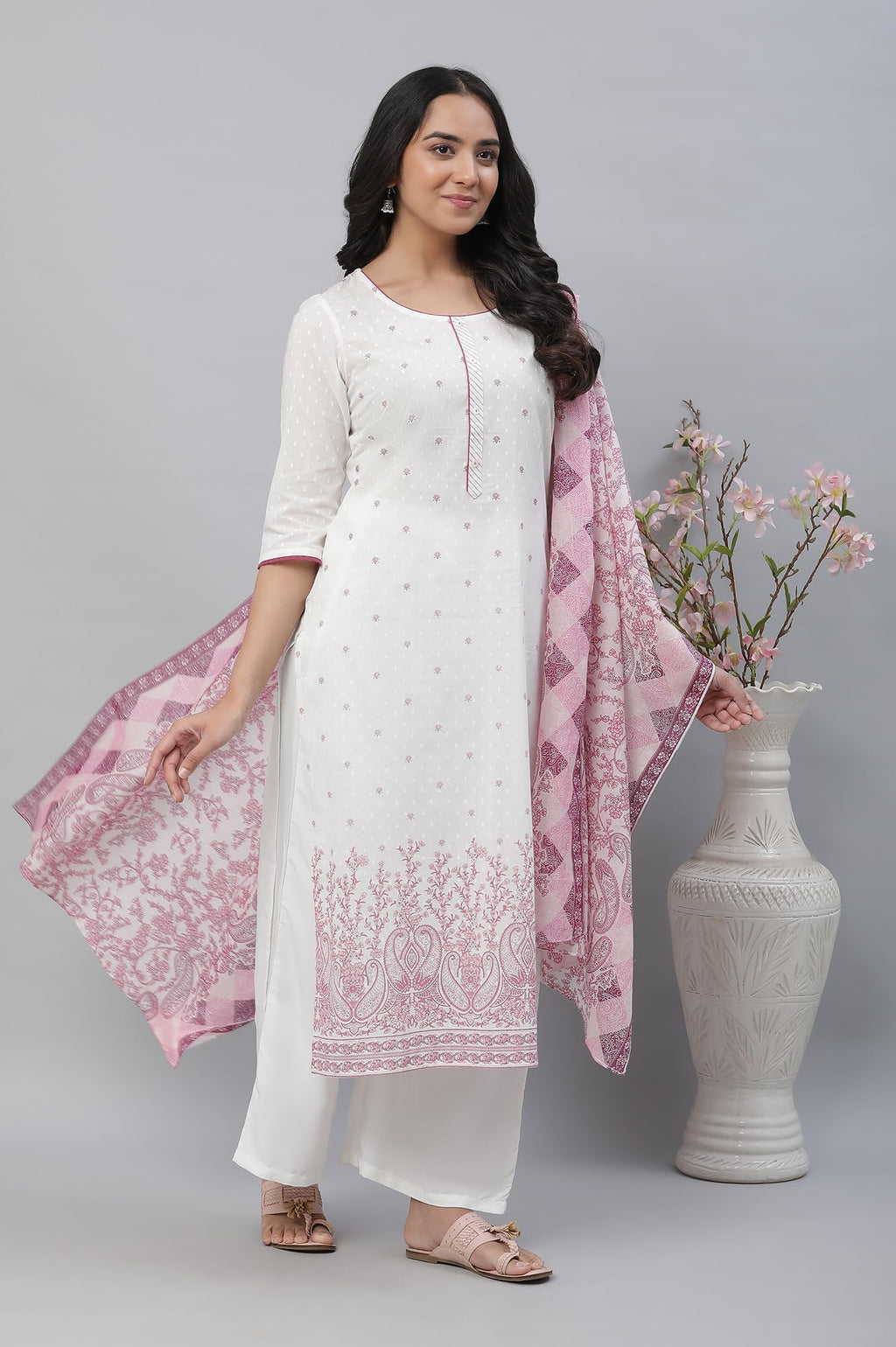 Aurelia White Paisley Printed Cotton Regular Kurta for Women