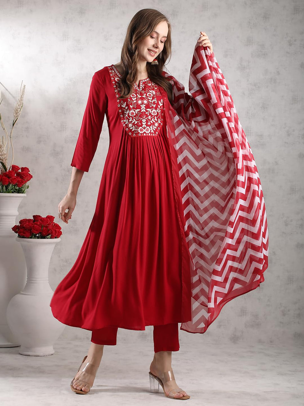 ANNI DESIGNER Women s Rayon Blend Kurta with Pants and Dupatta, Red, L