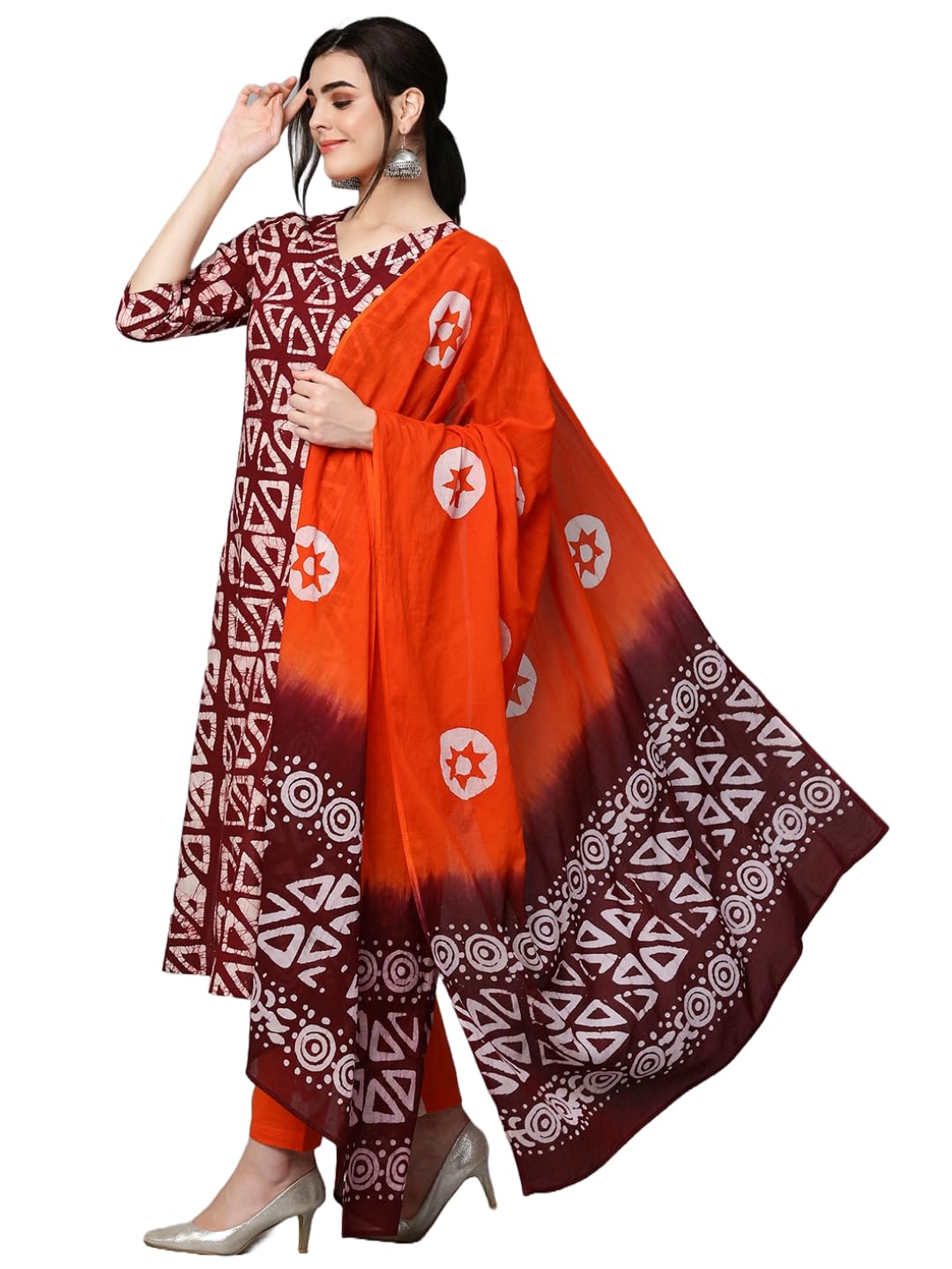 ANNI DESIGNER Womens Cotton Blend Printed Straight Kurta with Pant & Dupatta (Karka Op-Wine_L_Wine_Large)