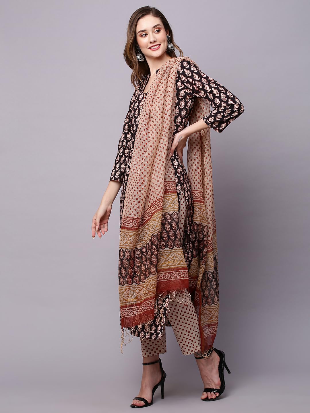 ANNI DESIGNER Womens Cotton Blend Straight Printed Kurta with Pant & Dupatta (Nayantara Black_L_Black_Large)