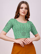 Pujia Mills WomenS Readymade Hosiery Lycra Stretchable Round Neck Half Sleeve Blouse With Swaroski Work Fancy Lycra Stretchable