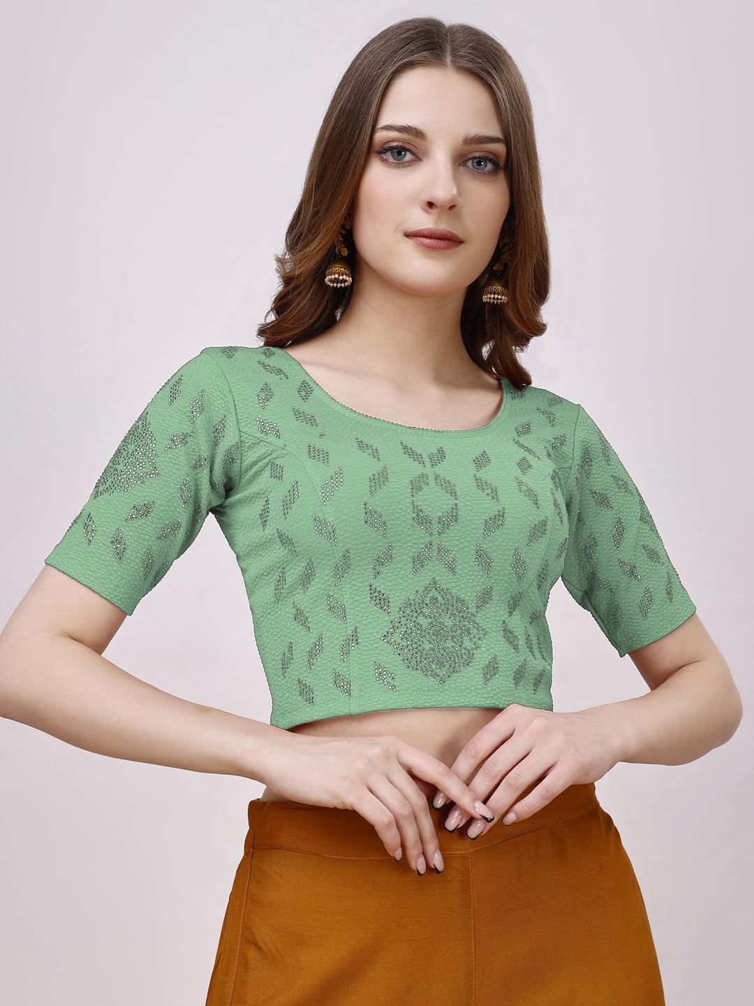 Pujia Mills WomenS Readymade Hosiery Lycra Stretchable Round Neck Half Sleeve Blouse With Swaroski Work Fancy Lycra Stretchable