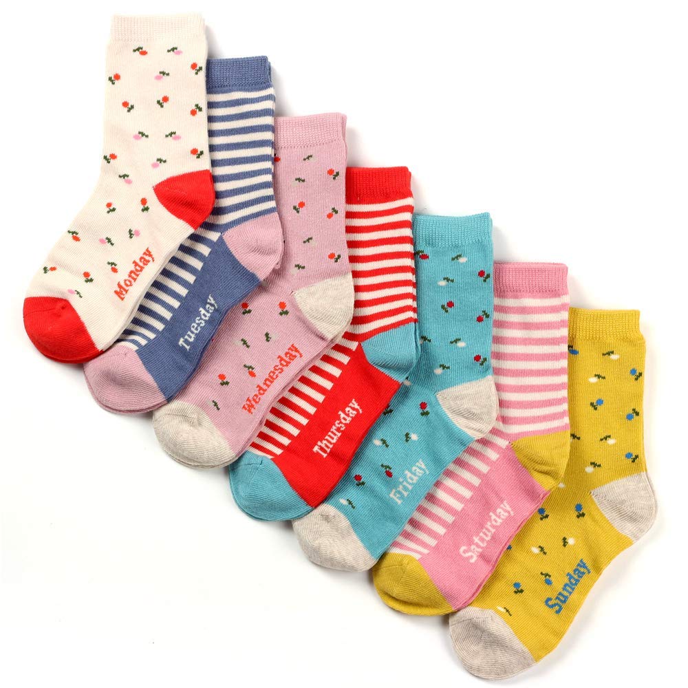 COTTON DAY 7 Days of the Week Gift Box Kids Girls Short Socks Cute Animal Floral Stripes Stars Seamless Toe 4-6 years (Size 6)