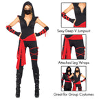 Leg Avenue 4 Piece Deadly Ninja Set - Hooded V Neck Jumpsuit and Mask Halloween Costume for Women, Black/Red, Large