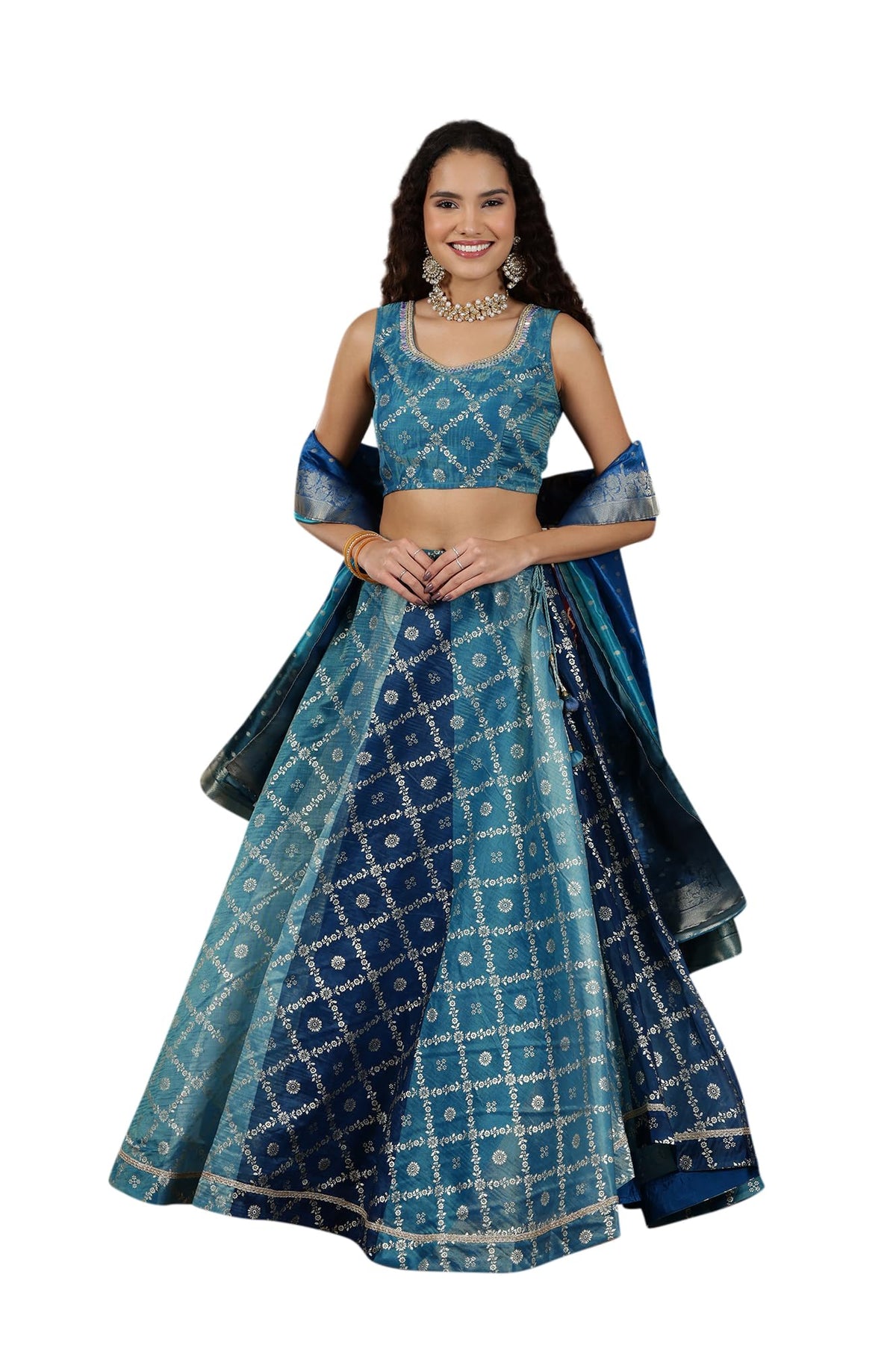 Aurelia Womens Blue Printed Zari Embroidered Crop Top, Brocade Flared Skirt and Dupatta Set
