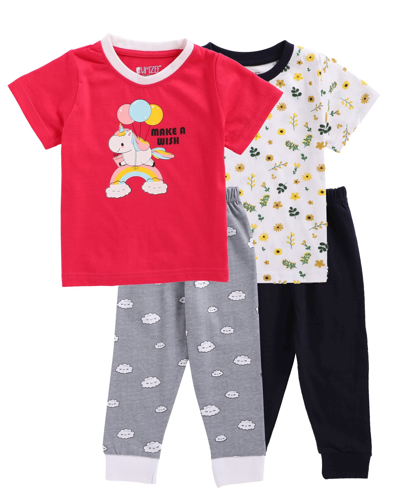 BUMZEE Pink & White Half Sleeve Baby Girls T-Shirt & Pajama Set Pack of 2 Age - 3-6 Months