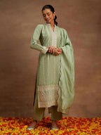 Libas Womens Embroidered Silk Straight Kurta With Trousers And Dupatta