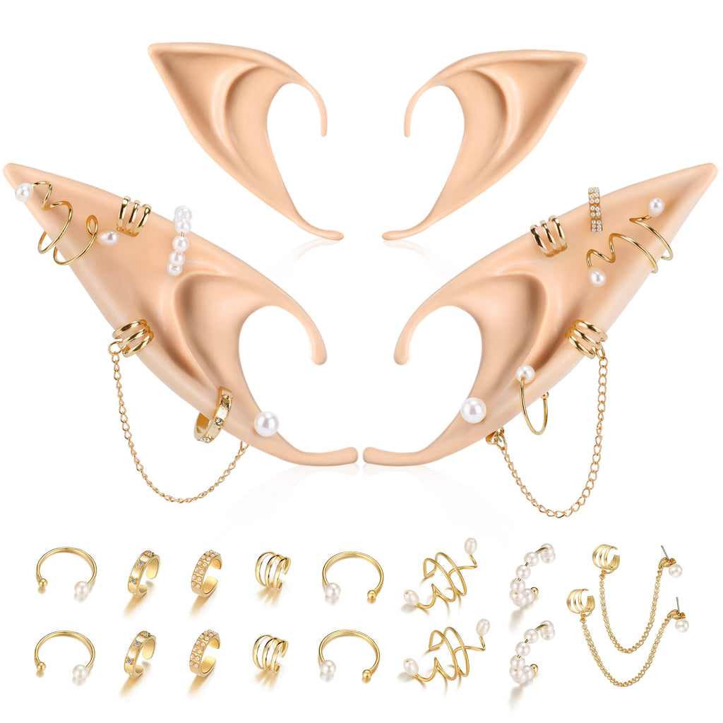 FRESHME Elf Ears with Piercings Earring Cuffs Set - Cosplay Fairy Pixie Ears with Pearl Earrings Chain Set, Non-Piercing Cartila