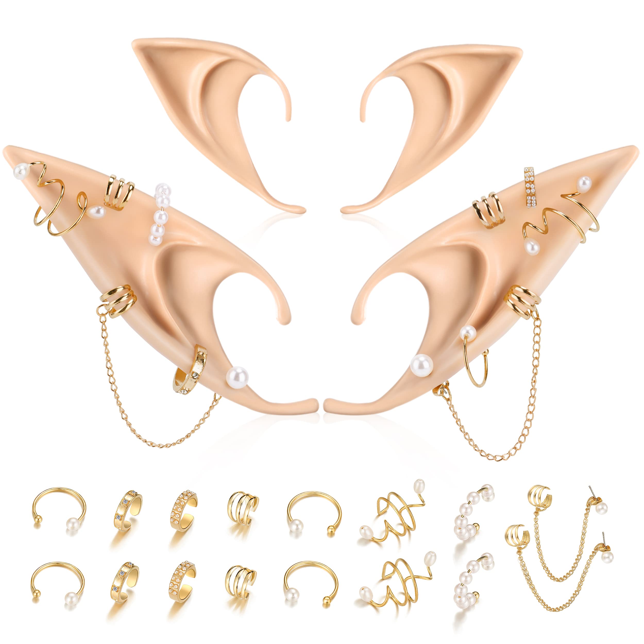 FRESHME Elf Ears with Piercings Earring Cuffs Set - Cosplay Fairy Pixie Ears with Pearl Earrings Chain Set, Non-Piercing Cartila