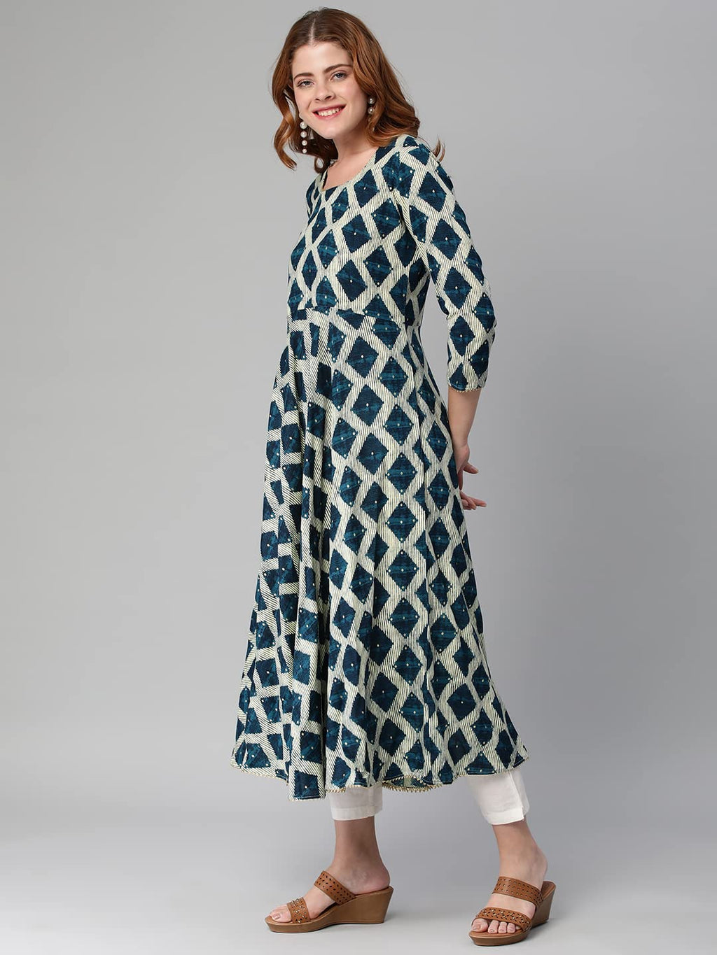 Gosriki Women'S Cotton Blend Chex Printed Anarkali Kurti (Chix Blue-Gs)