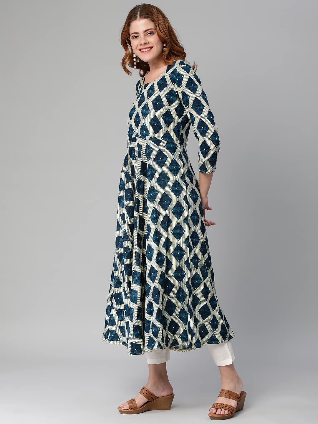 Gosriki Women'S Cotton Blend Chex Printed Anarkali Kurti (Chix Blue-Gs)