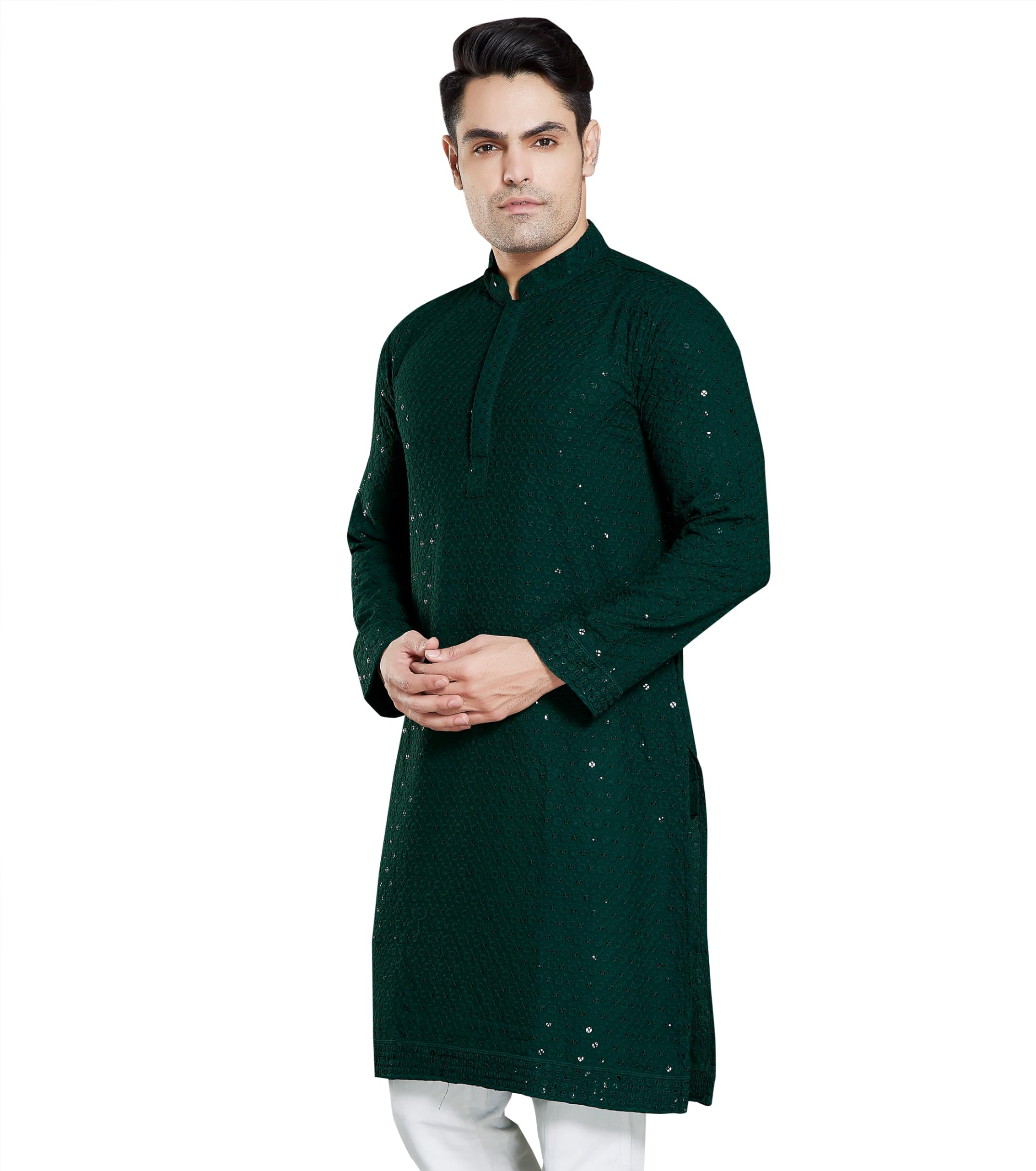 DIVISIVE Mens Sequince Embroidered Cotton Blend Only Slim Fit Kurta (DKRT18_XXXL_Bottle Green)