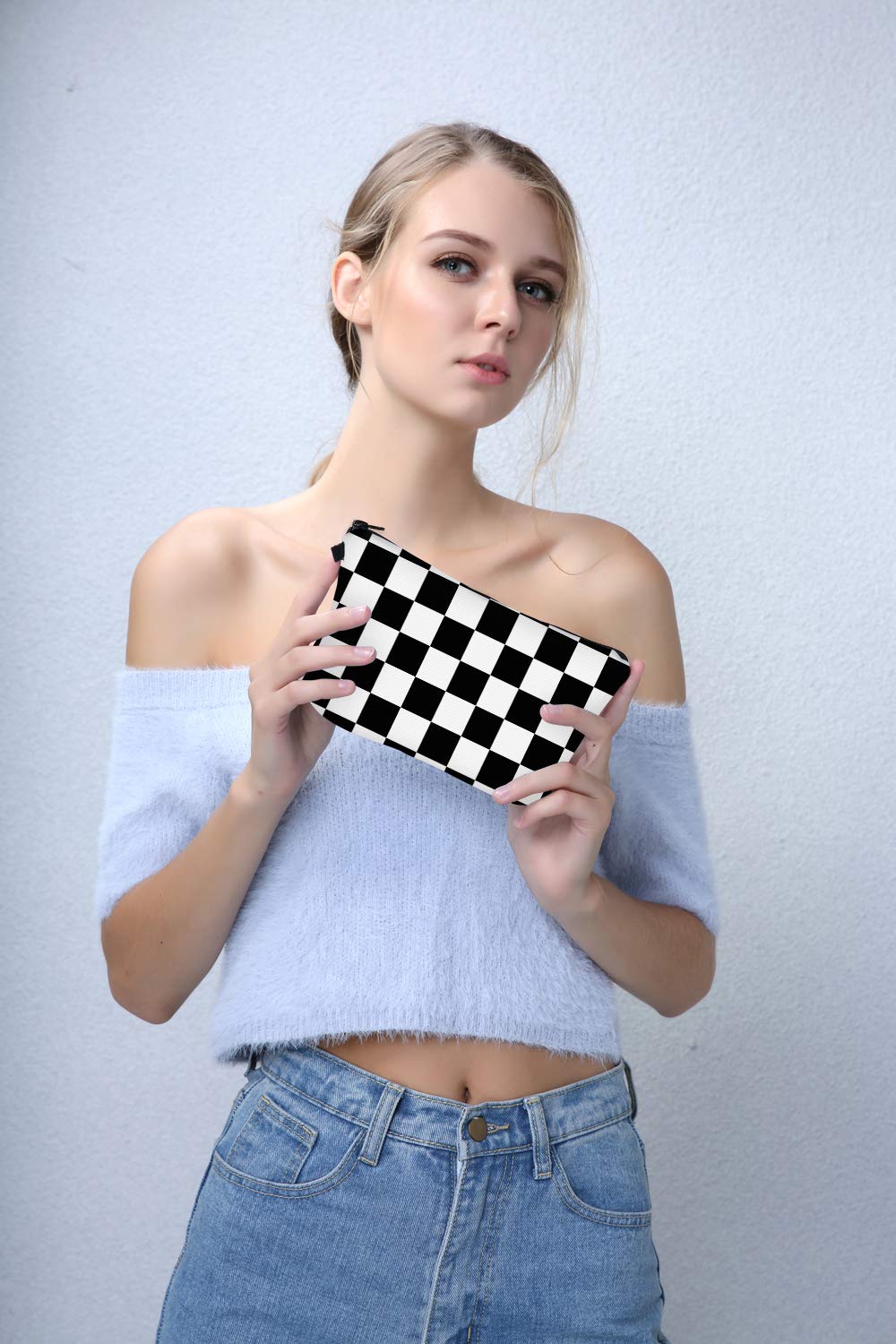 Deanfun Cosmetic Bag for Women, Black White Lattice Waterproof Makeup Bags Roomy Toiletry Pouch Travel Accessories Gifts (51782)