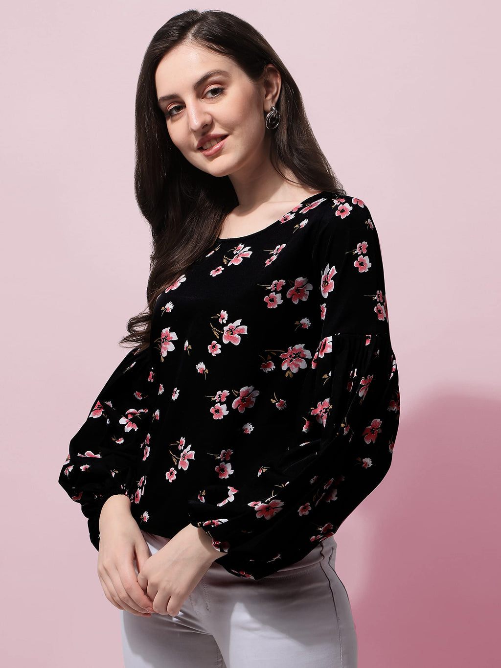Black Floral Print Blouson Top in Crepe Fabric with Round Neck and Full Sleeve
