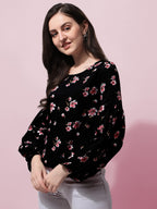 Black Floral Print Blouson Top in Crepe Fabric with Round Neck and Full Sleeve