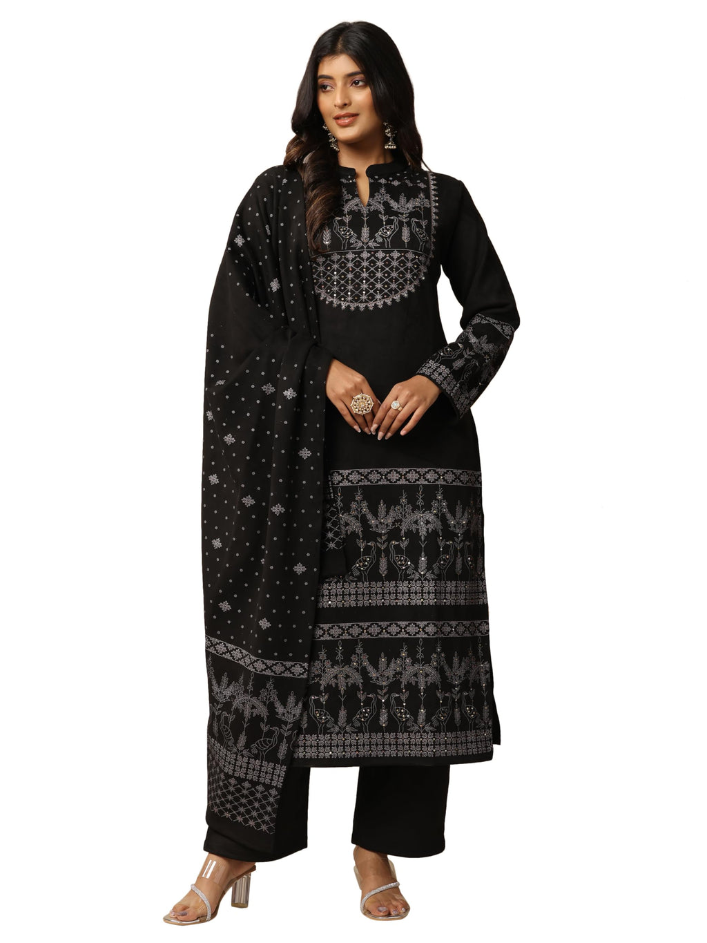 Libas Womens Printed Wool Straight Kurta With Palazzos And Dupatta