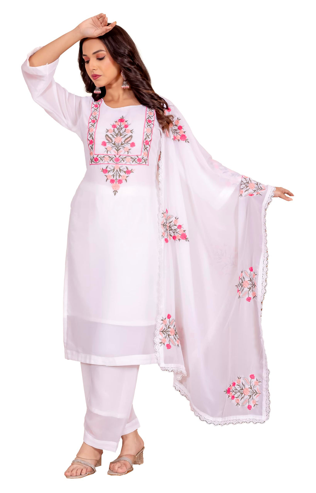Fashion Basket Georgette Printed Kurta Set With Duptta For Women (In, Alpha, M, Regular, White)